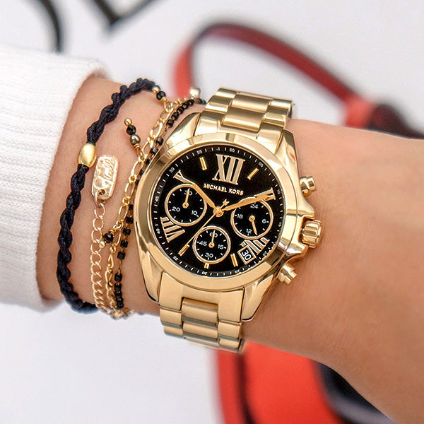Michael Kors Bradshaw Chronograph Black Dial Gold Steel Strap Watch For Women - MK6959