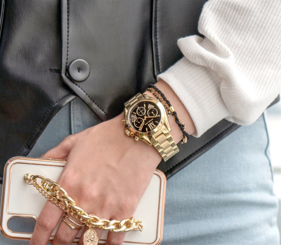 Michael Kors Bradshaw Chronograph Black Dial Gold Steel Strap Watch For Women - MK6959