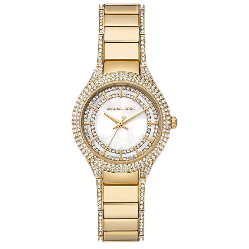Michael Kors Sylvia Mother Of Pearl Dial Gold Steel Strap Watch For Women - MK4655