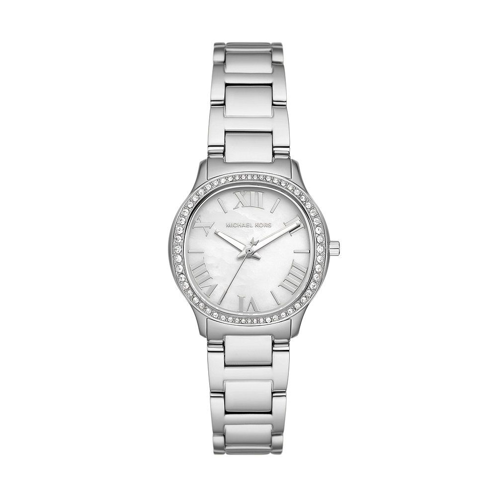 Michael Kors Sage Three-Hand Mother of Pearl White Dial Silver Steel Strap Watch for Women - MK4824