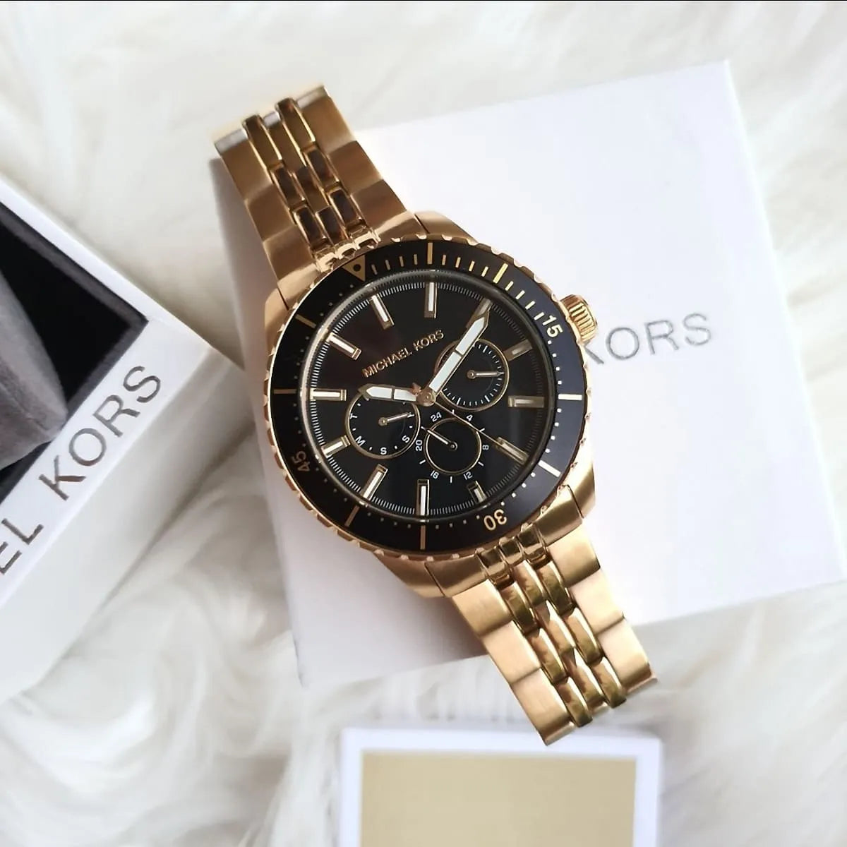 Michael Kors Cunningham Multifunction Black Dial Gold Steel Strap Watch For Men - MK7154