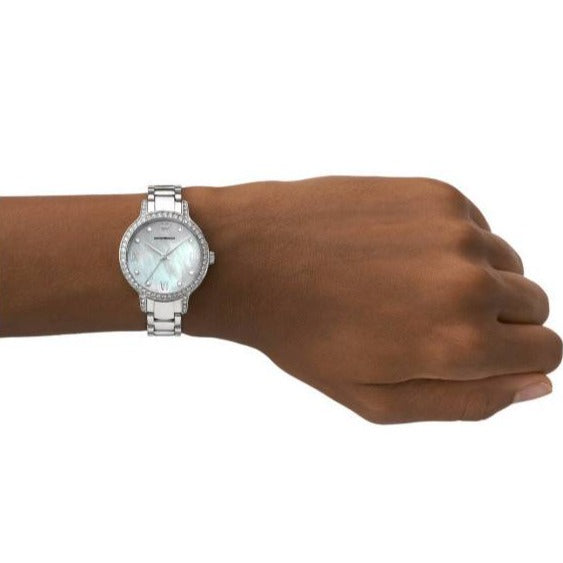Emporio Armani Cleo Crystals Mother Of Pearl Dial Silver Steel Strap Watch For Women - AR11484