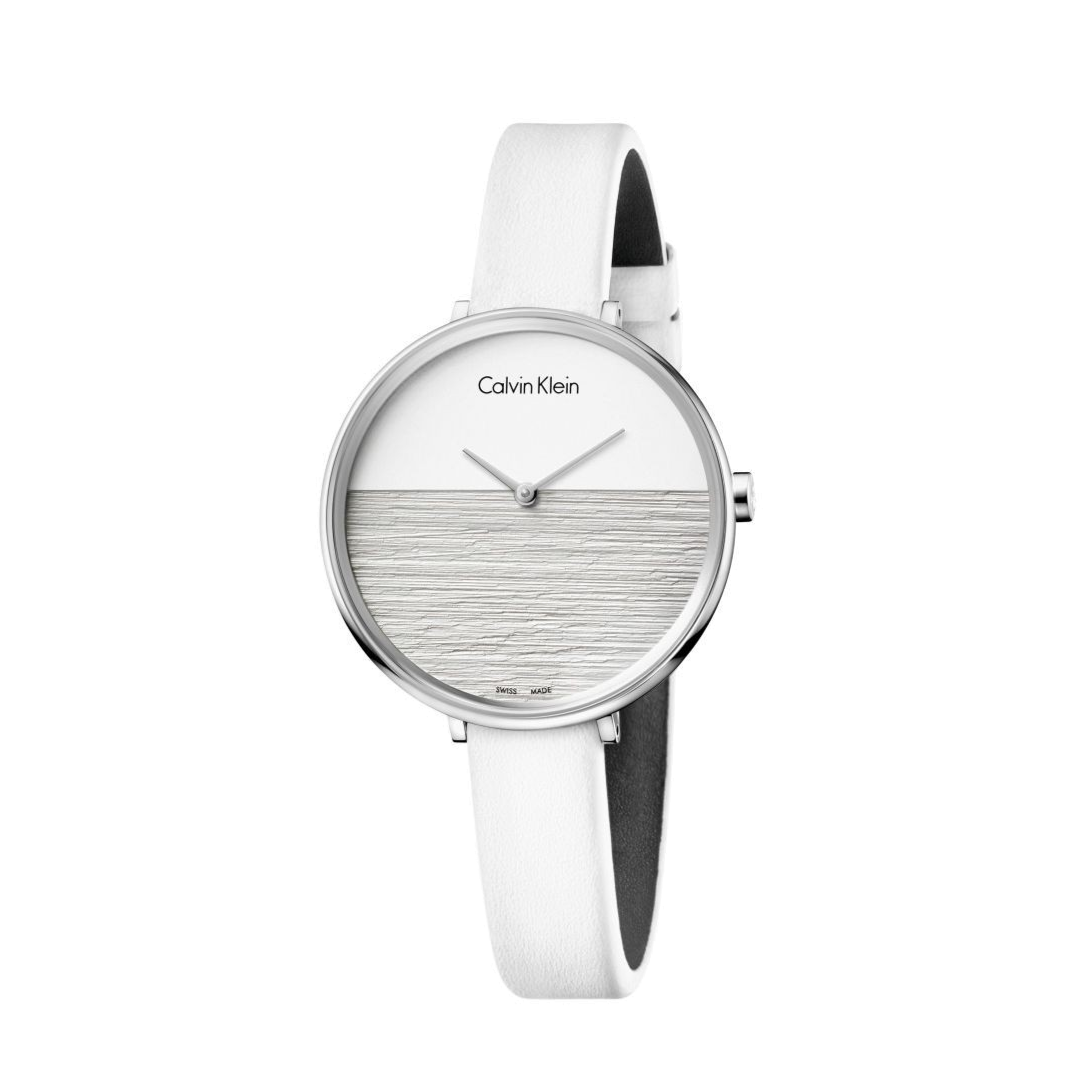 Calvin Klein Rise White Grey Dial White Leather Strap Watch for Women - K7A231L6