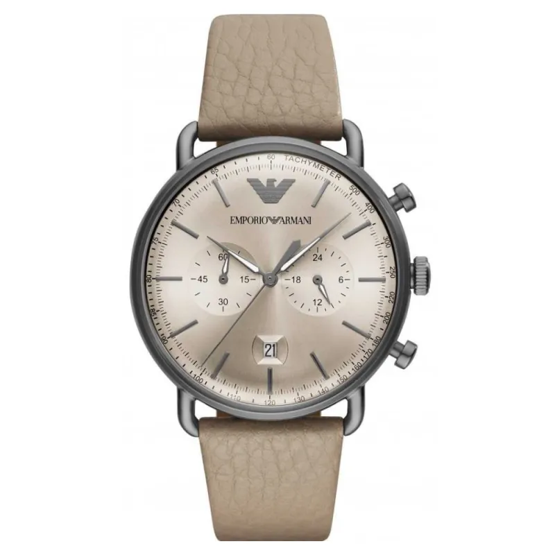 Emporio Armani Aviator Chronograph Grey Dial Beige Leather Strap Watch For Men - AR11107