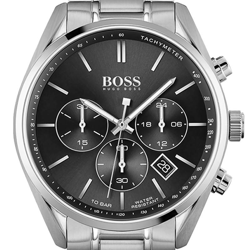 Hugo Boss Champion Chronograph Black Dial Silver Steel Strap Watch for Men - 1513871