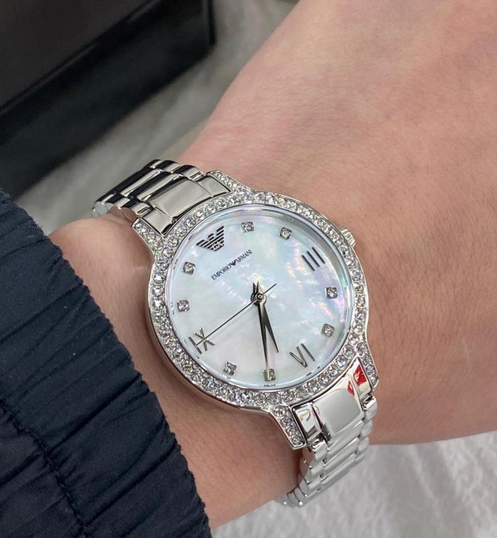 Emporio Armani Cleo Crystals Mother Of Pearl Dial Silver Steel Strap Watch For Women - AR11484