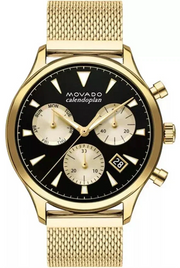 Movado Heritage Calendoplan Chronograph Black Dial Gold Mesh Strap Watch for Men - 3650098