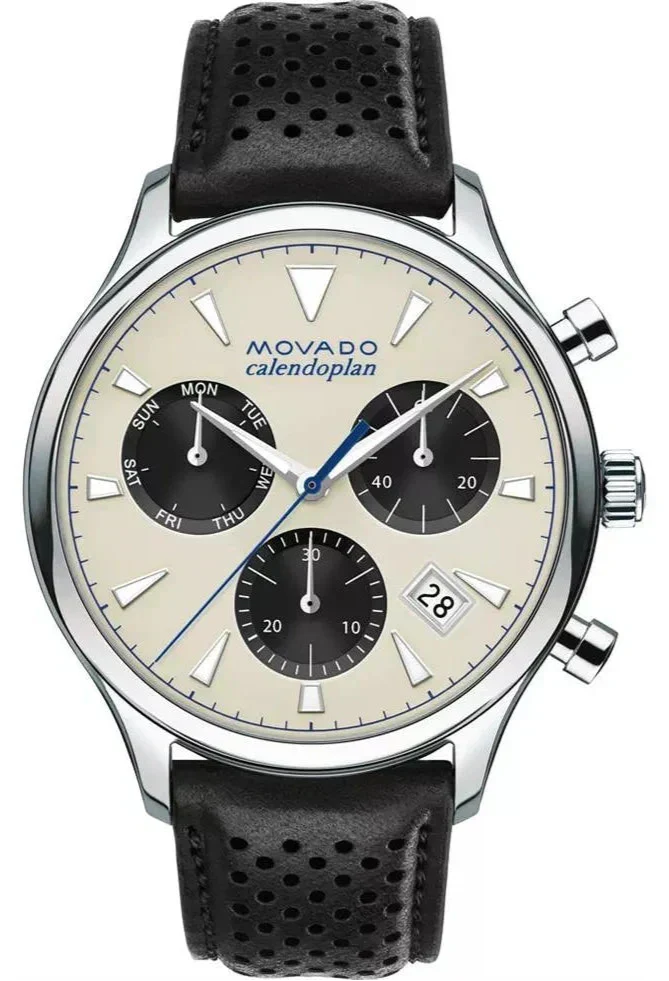 Movado Heritage Calendoplan Chronograph Silver Dial Black Leather Strap Watch for Men - 3650024