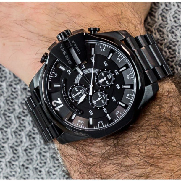 Diesel Mega Chief Chronograph Black Dial Black Steel Strap Watch For Men - DZ4283