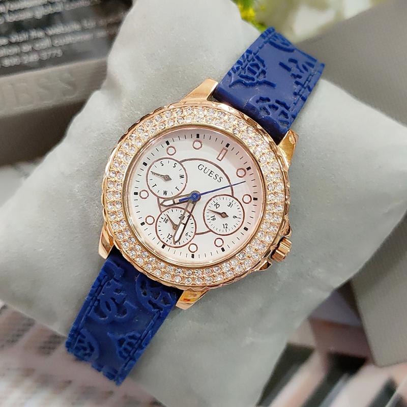 Guess Crown Jewel Diamonds White Dial Blue Rubber Strap Watch for Women - GW0411L2