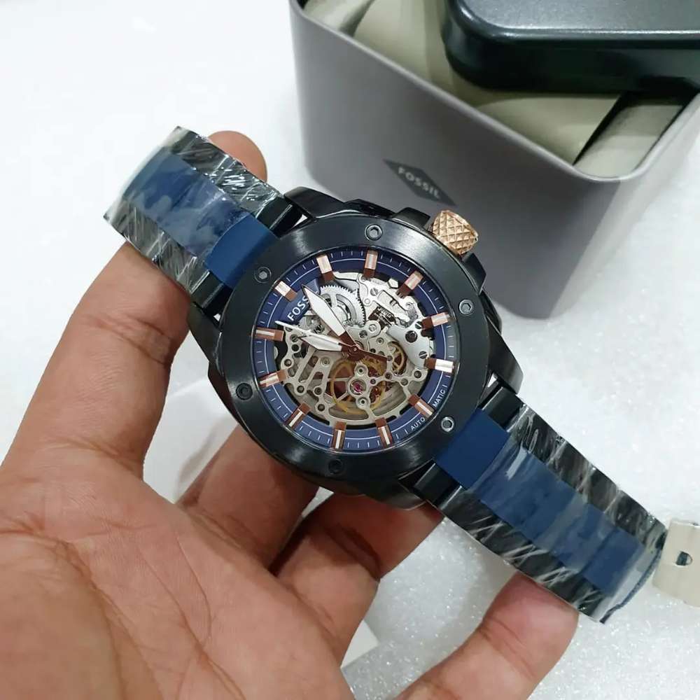 Fossil Modern Machine Automatic Skeleton Blue Dial Two Tone Steel Strap Watch for Men - ME3133