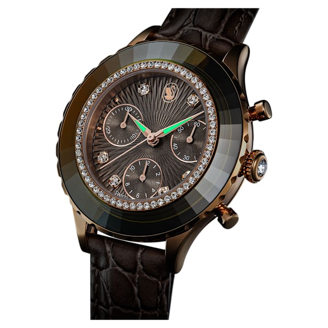 Swarovski Octea Chrono Grey Dial Grey Leather Strap Watch for Women - 5671153