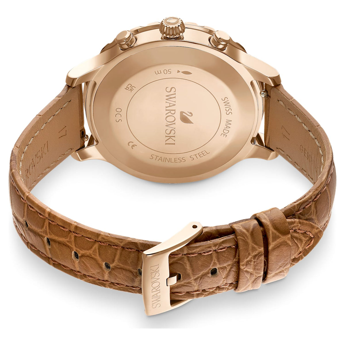 Swarovski Octea Lux Chrono Brown Gold Dial Brown Leather Strap Watch for Women - 5632260