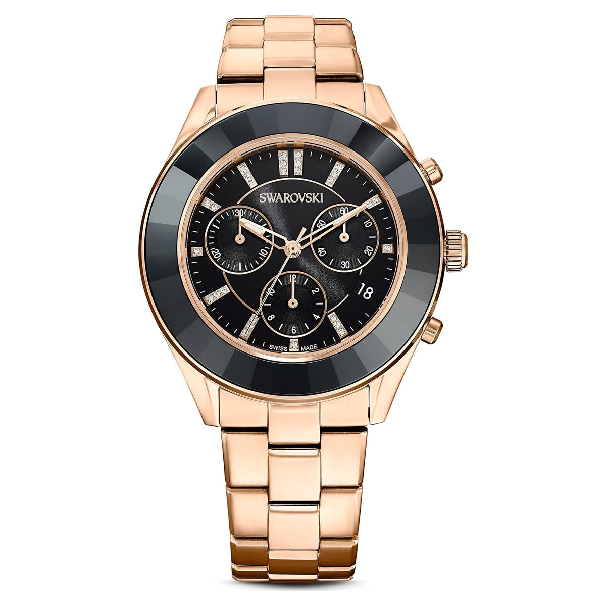 Swarovski Octea Lux Sport Chronograph Black Dial Rose Gold Steel Strap Watch for Women - 5610478