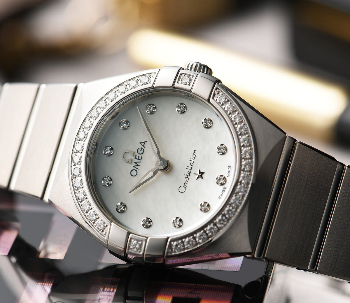 Omega Constellation Manhattan Quartz Diamonds Mother of Pearl Dial Silver Steel Strap Watch for Women - 131.15.25.60.55.001