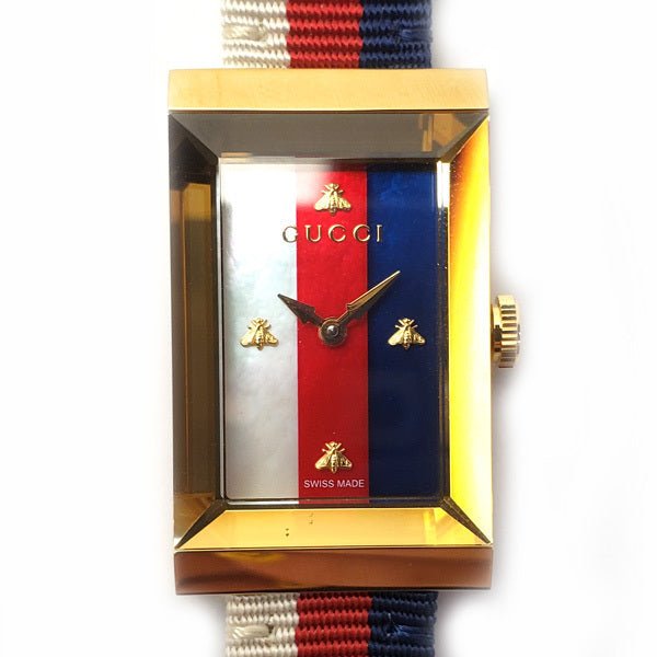  Shop Authentic Gucci G-Frame Mother of Pearl Dial White Blue Red Nylon Strap Watch For Women - YA147405 - Luxxuri