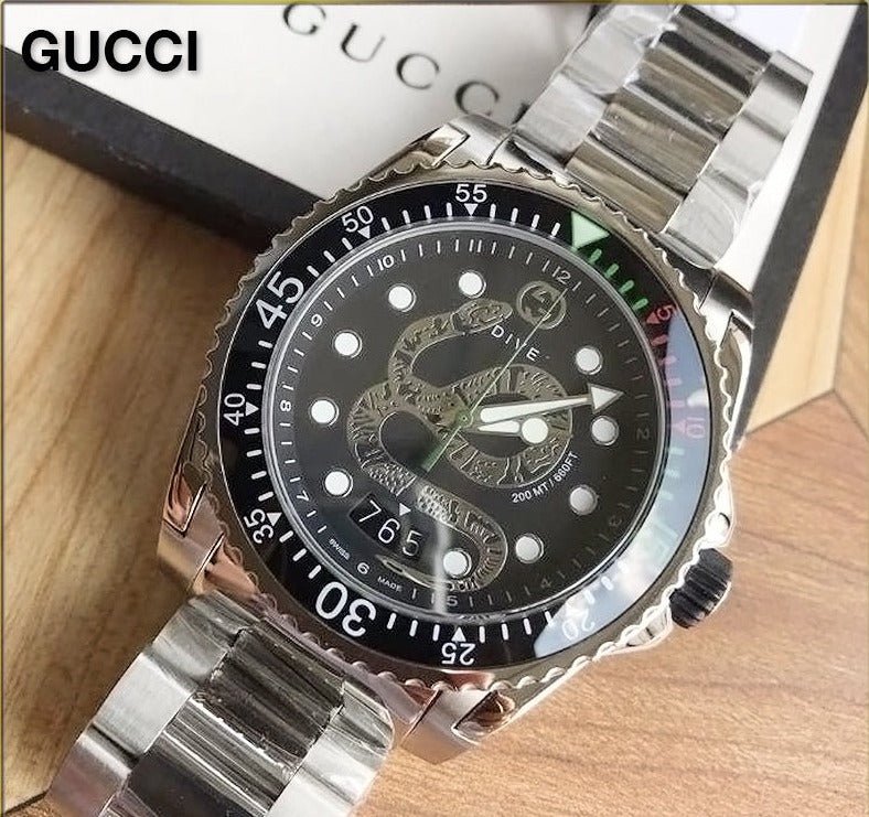  Shop Authentic Gucci Dive Snake Black Dial Silver Steel Strap Watch For Men - YA136218 - Luxxuri