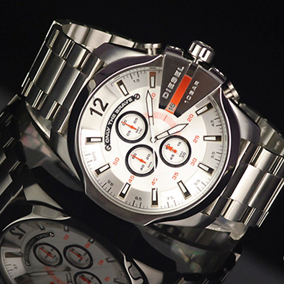 Diesel Mega Chief Chronograph White Dial Silver Steel Strap Watch For Men - DZ4328