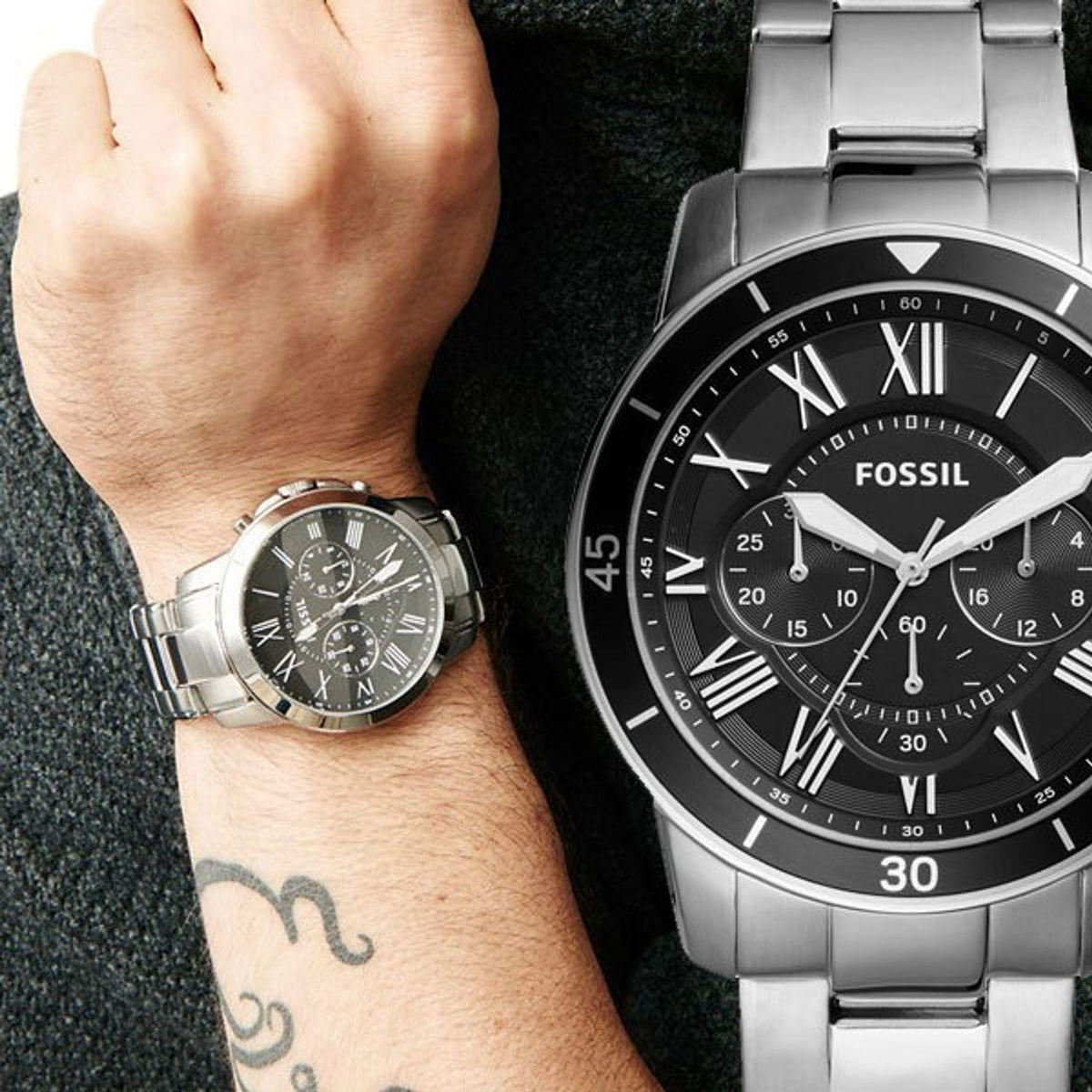 Fossil Grant Sport Chronograph Black Dial Silver Steel Strap Watch for Men - FS5236
