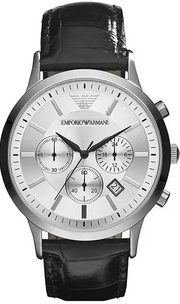 Emporio Armani Renato Chronograph Silver Dial Black Leather Strap Watch for Men - AR2436