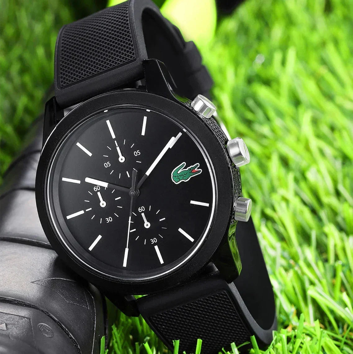 Lacoste 12.12 Chronograph Black Dial Black Silicone Strap Watch for Men - 2010972