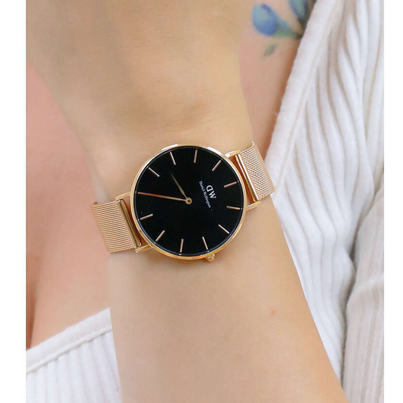 Daniel Wellington Petite Melrose Black Dial Rose Gold Mesh Strap Watch For Women - DW00100303