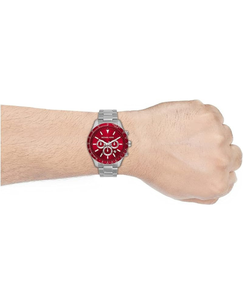 Michael Kors Layton Chronograph Red Dial Silver Steel Strap Watch For Men - MK8822