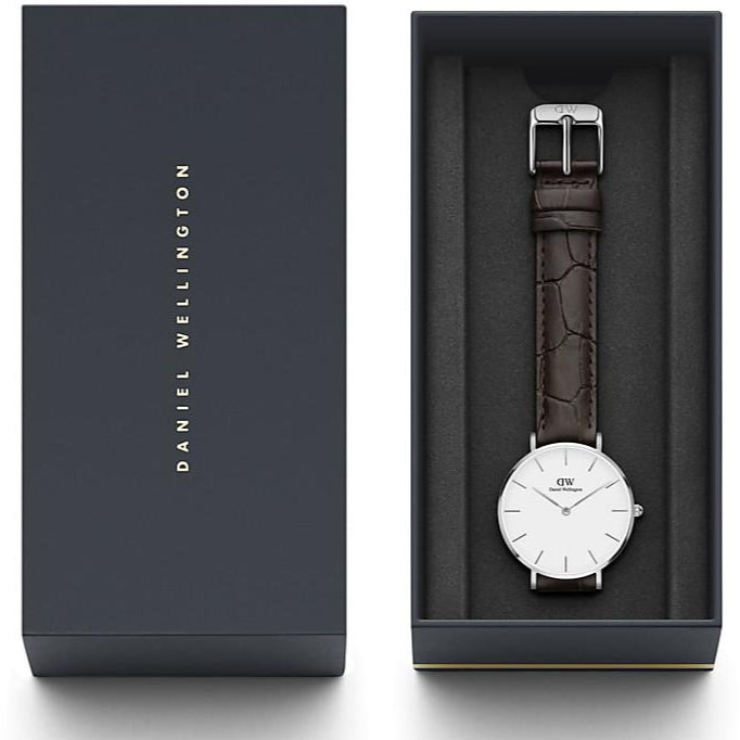 Daniel Wellington Classic Petite York White Dial Black Leather Strap Watch For Women - DW00100188