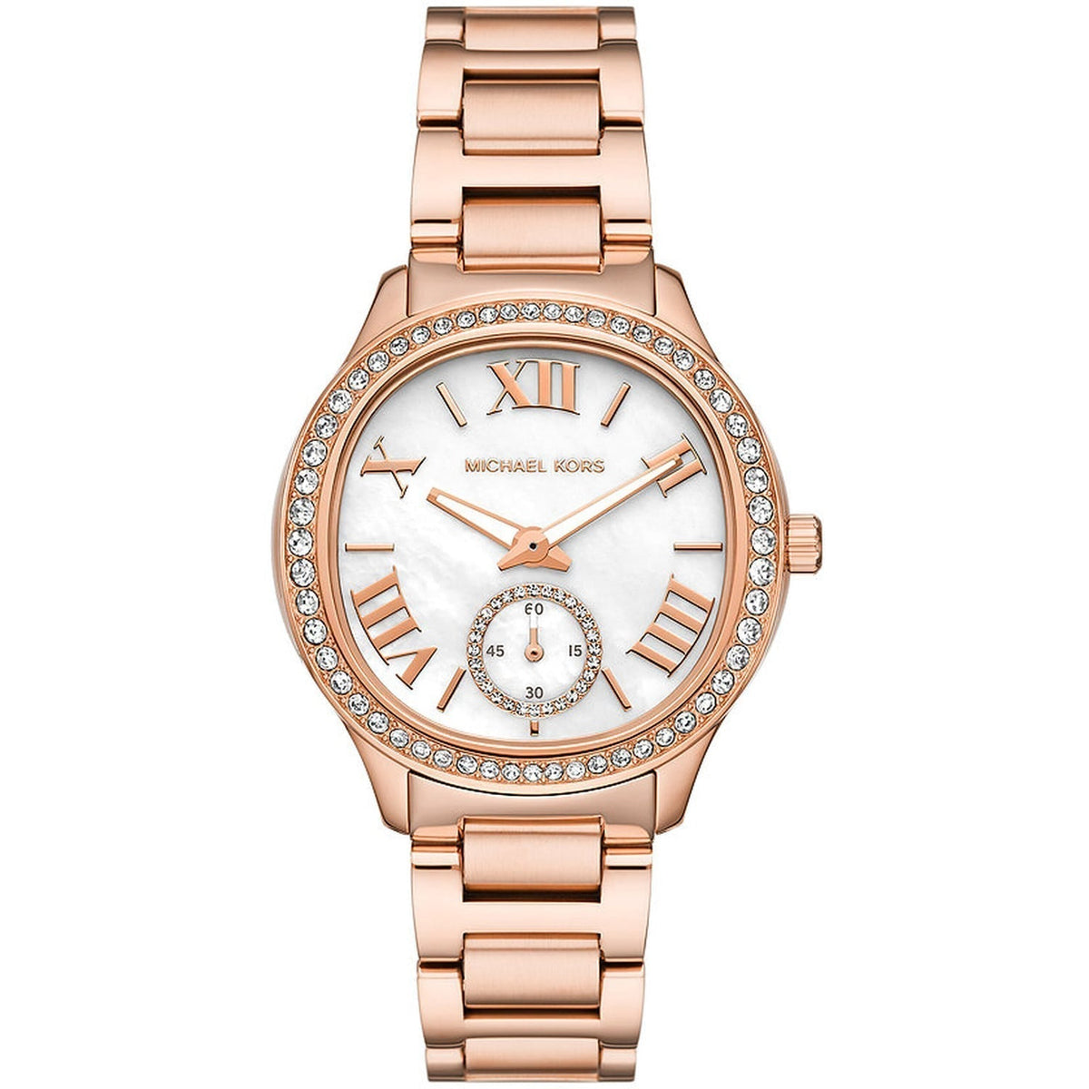Michael Kors Sage Three-Hand Mother of Pearl White Dial Rose Gold Steel Strap Watch for Women - MK4806