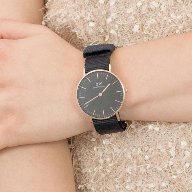 Daniel Wellington Classic Cornwall Black Dial Black NATO Strap Watch For Women - DW00100150