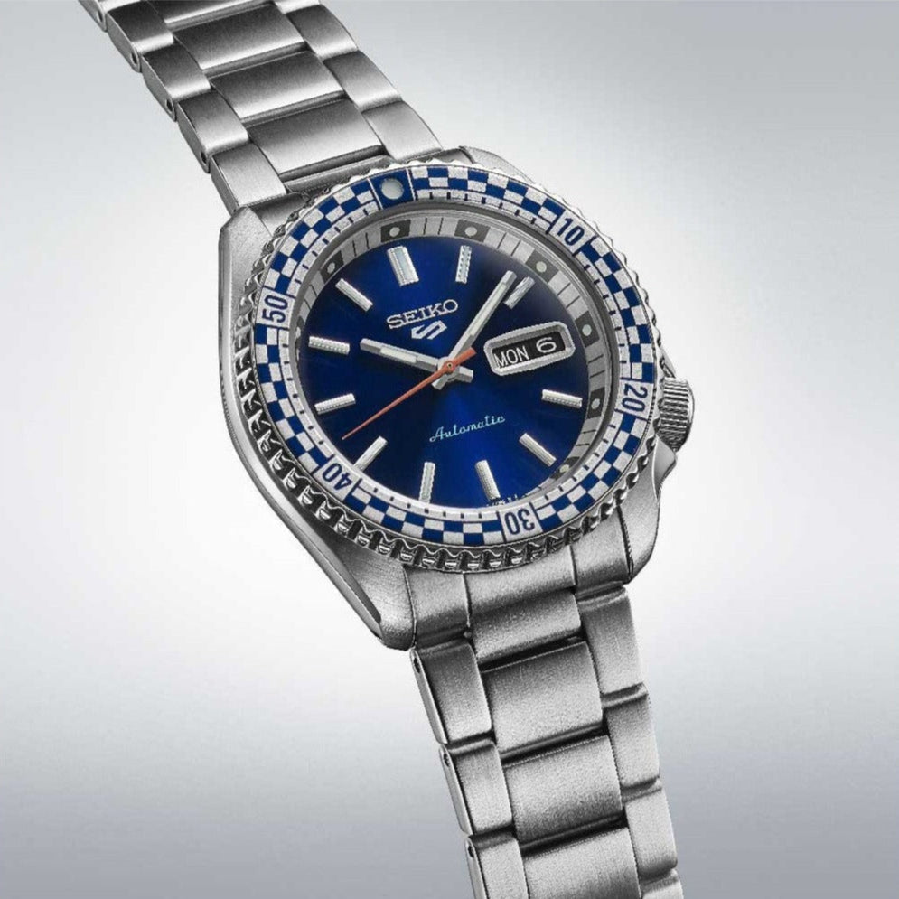 Seiko 5 Sports Petrol Blue Checker Flag Special Edition Blue Dial Silver Steel Strap Watch For Men - SRPK65K1