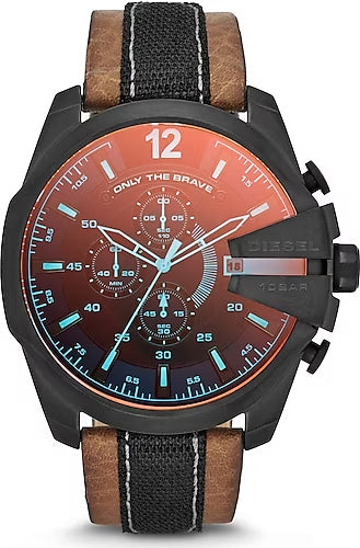 Diesel Mega Chief Quartz Black Dial Two Tone Leather Strap Watch For Men - DZ4305