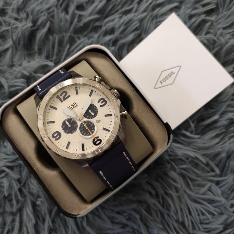 Fossil Nate Chronograph White Dial Blue Leather Strap Watch for Men - JR1480