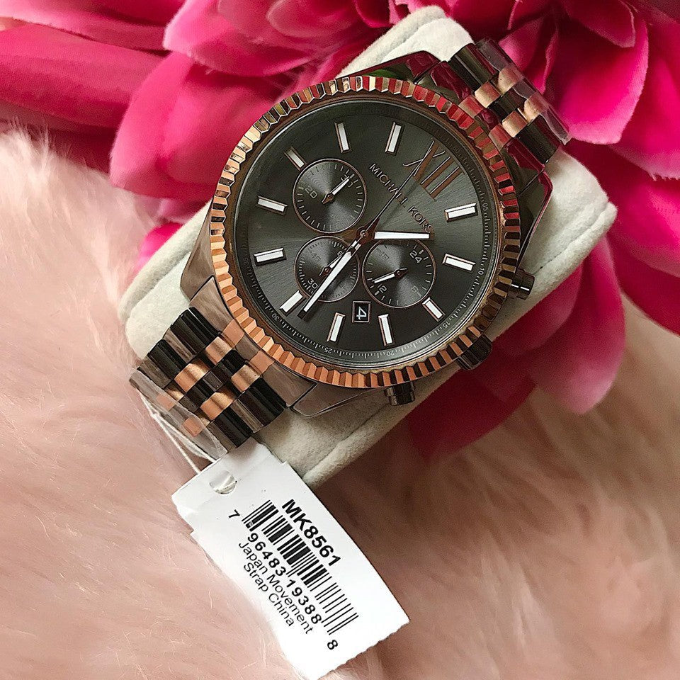 Michael Kors Lexington Chronograph Black Dial Two Tone Steel Strap Watch for Men - MK8561