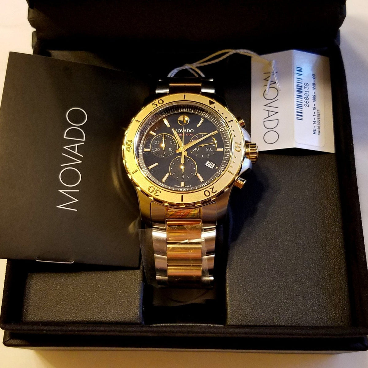 Movado Series 800 Chronograph Black Dial Two Tone Steel Strap Watch For Men - 2600138