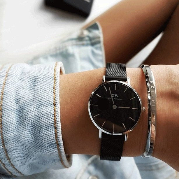 Daniel Wellington Petite Ashfield Black Dial Black Mesh Strap Watch For Women - DW00100246