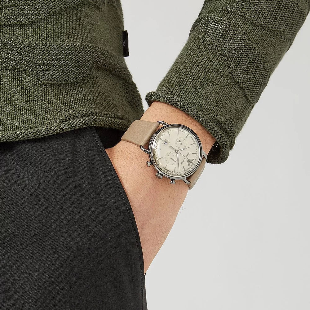 Emporio Armani Aviator Chronograph Grey Dial Beige Leather Strap Watch For Men - AR11107