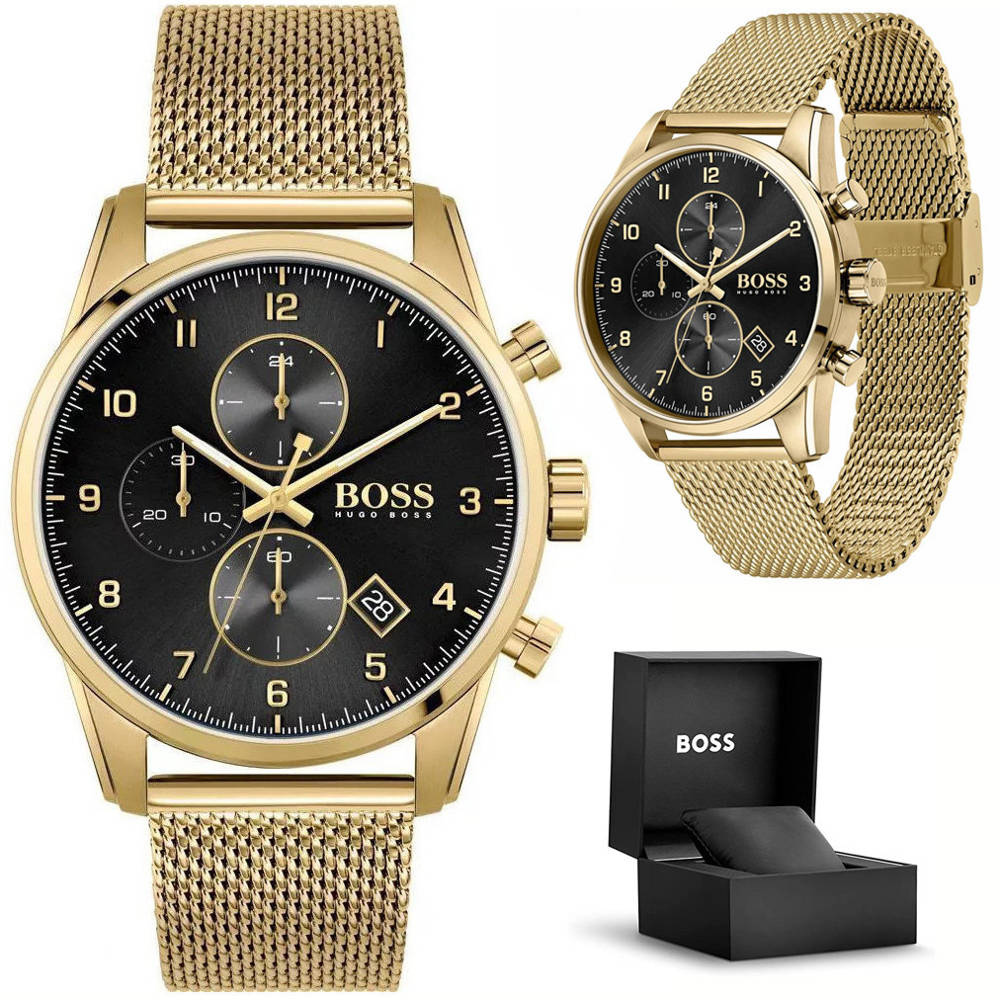 Hugo Boss Skymaster Chronograph Black Dial Gold Mesh Bracelet Watch for Men - 1513838