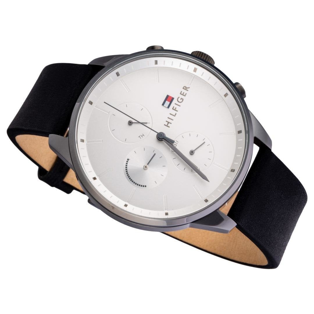 Tommy Hilfiger Lexor Silver Dial Black Leather Strap Watch For Men - 1791489