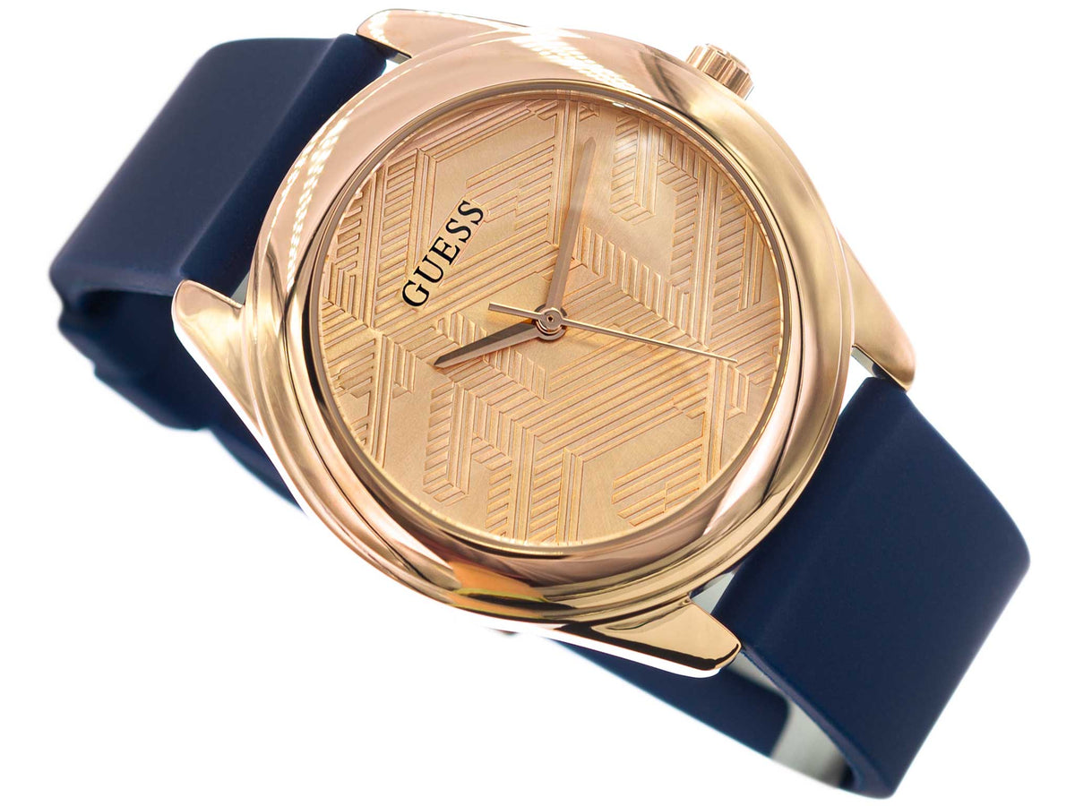 Guess Cubed Analog Rose Gold Dial Blue Leather Strap Watch For Women - GW0665L2