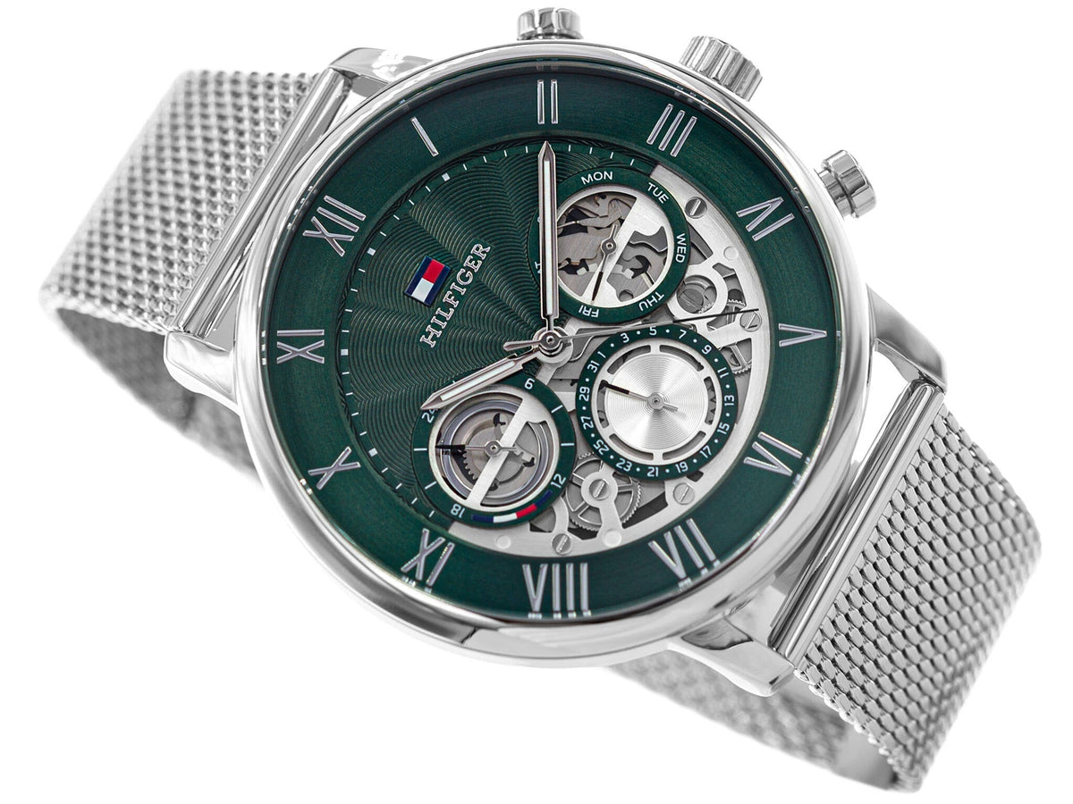 Tommy Hilfiger Legend Chronograph Green Dial Silver Mesh Bracelet Watch For Men - 1710567