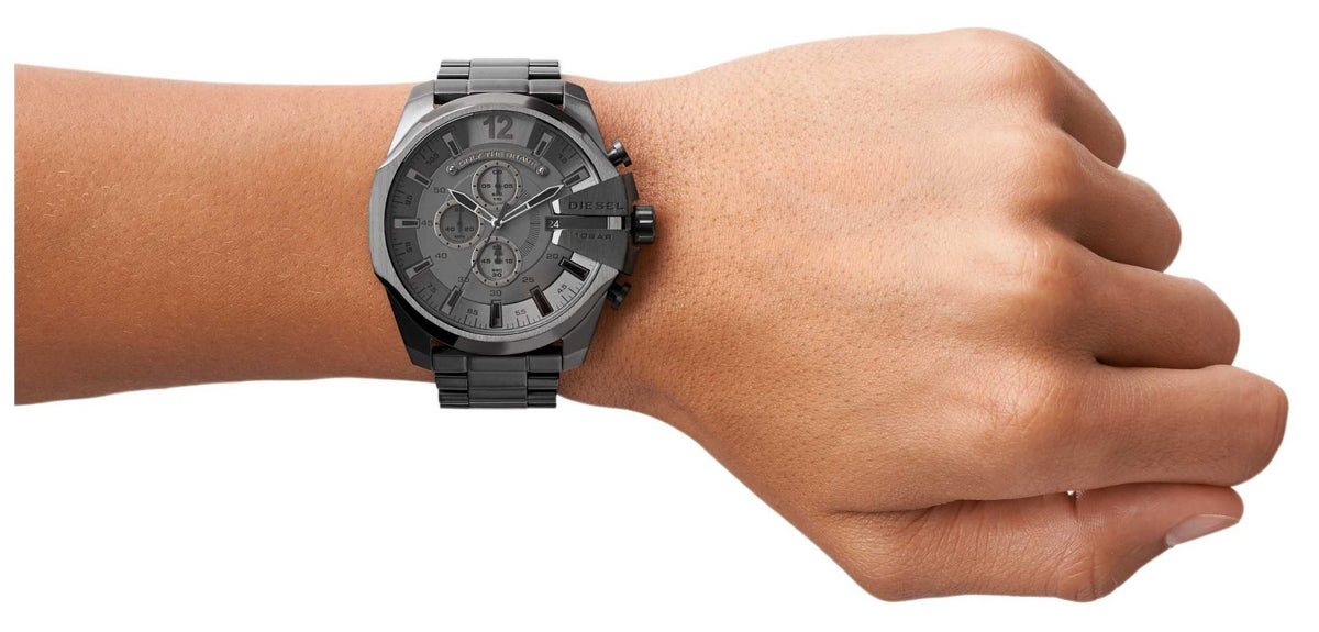 Diesel Mega Chief Chronograph Grey Dial Grey Steel Strap Watch for Men - DZ4282