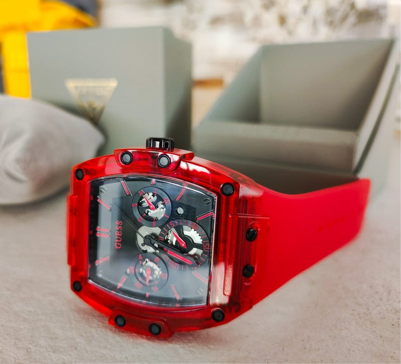 Guess Phoenix Multifunction Black Dial Red Rubber Strap Watch for Men - GW0203G5