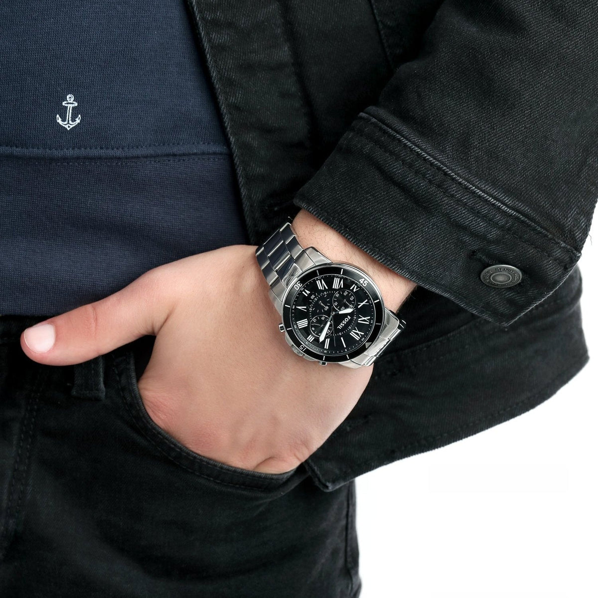 Fossil Grant Sport Chronograph Black Dial Silver Steel Strap Watch for Men - FS5236