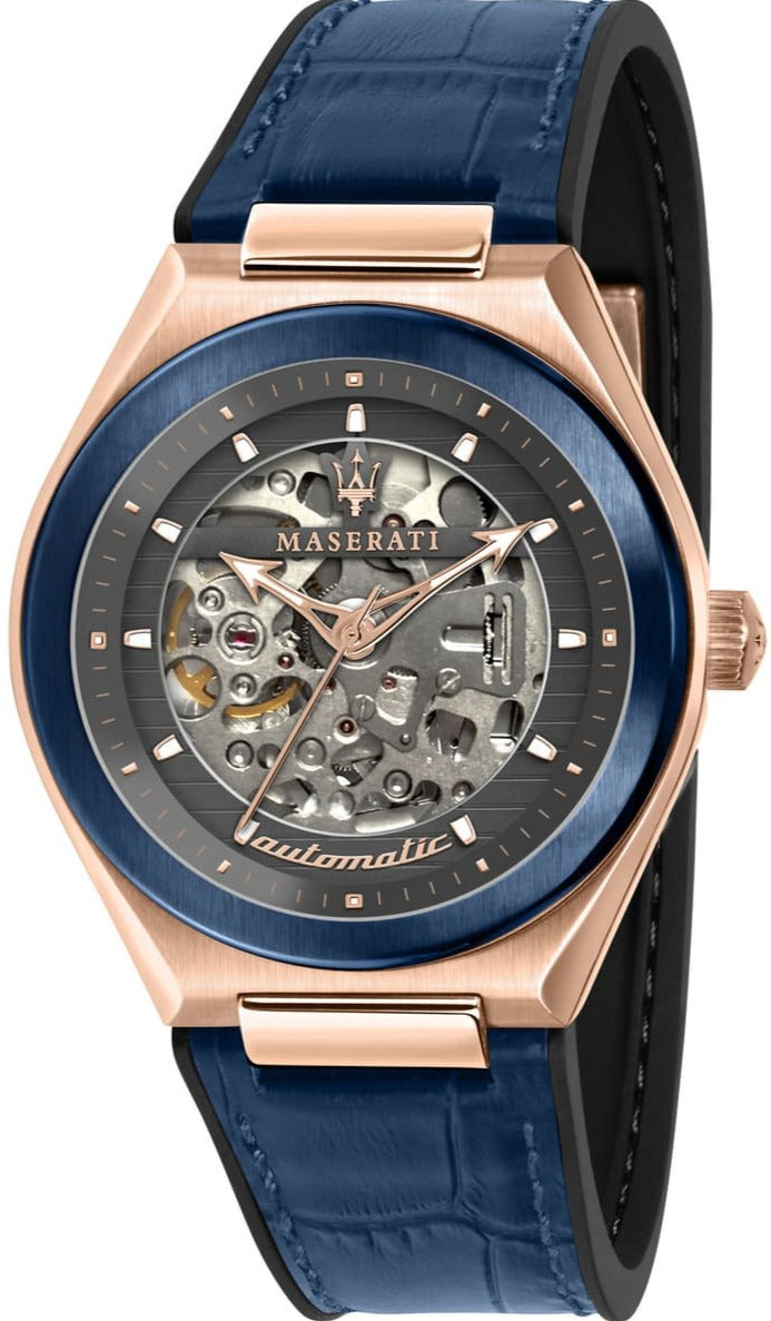 Maserati Triconic Skeleton Black Dial Blue Leather Strap Watch For Men - R8821139001