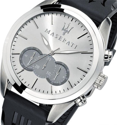 Maserati Traguardo Chronograph Silver Dial Black Rubber Strap Watch for Men - R8871612012
