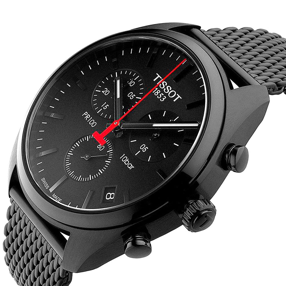 Tissot T Classic PR 100 Chronograph Black Dial Black Mesh Bracelet Watch For Men - T101.417.33.051.00