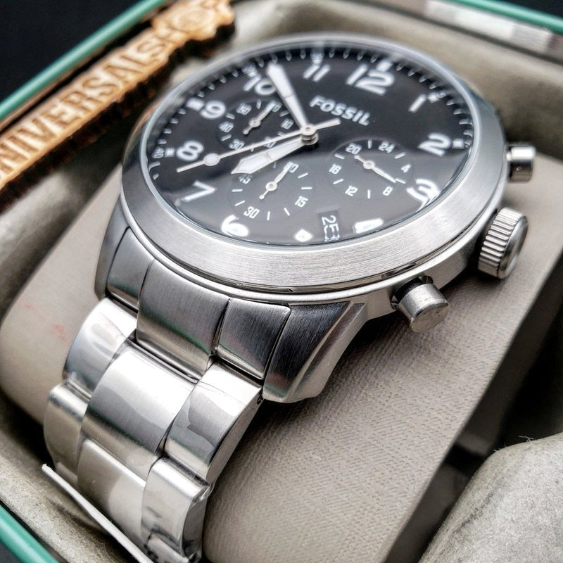 Fossil Pilot Chronograph Black Dial Silver Steel Strap Watch for Men - FS5141