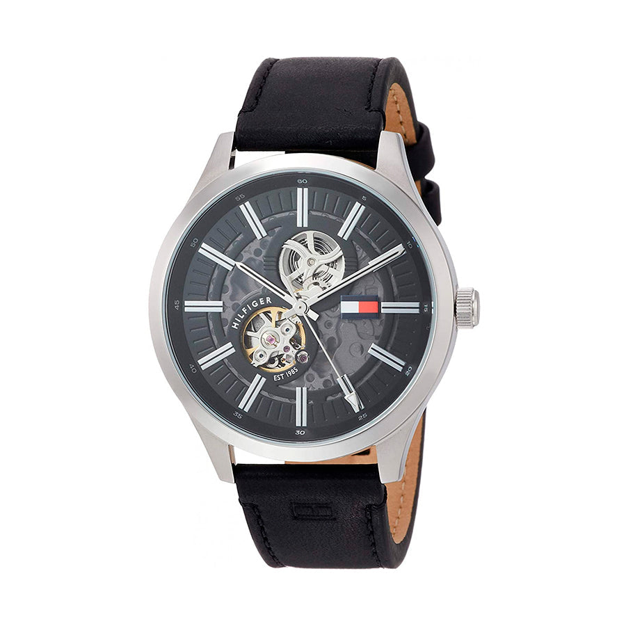 Tommy Hilfiger Spencer Skeleton Black Dial Black Leather Strap Watch for Men - 1791641