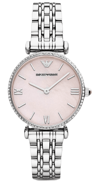 Emporio Armani Gianni T Bar Pink Mother of Pearl Dial Silver Steel Strap Watch For Women - AR1779